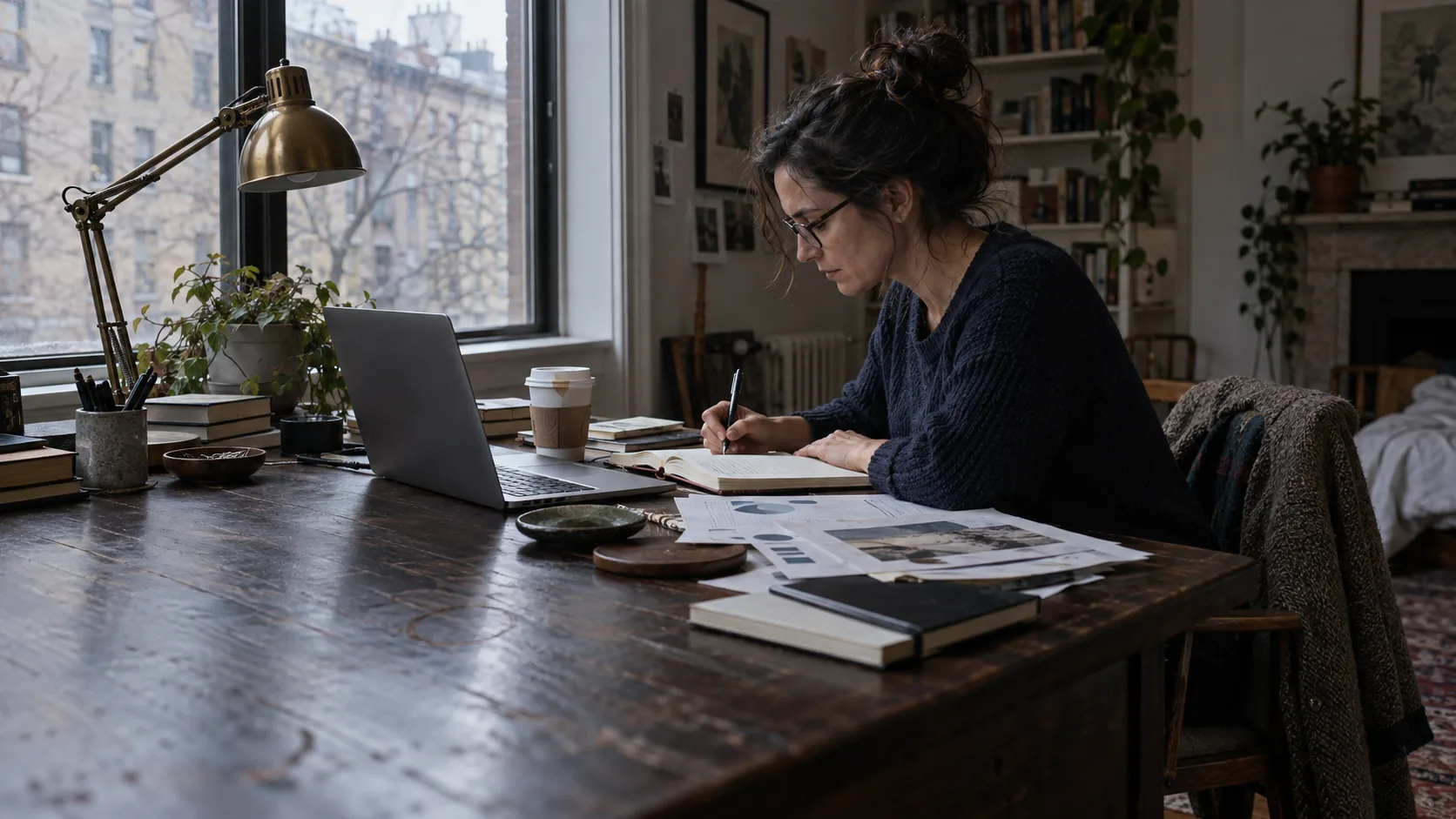 A creative writing notes at a desk beside a studio window.