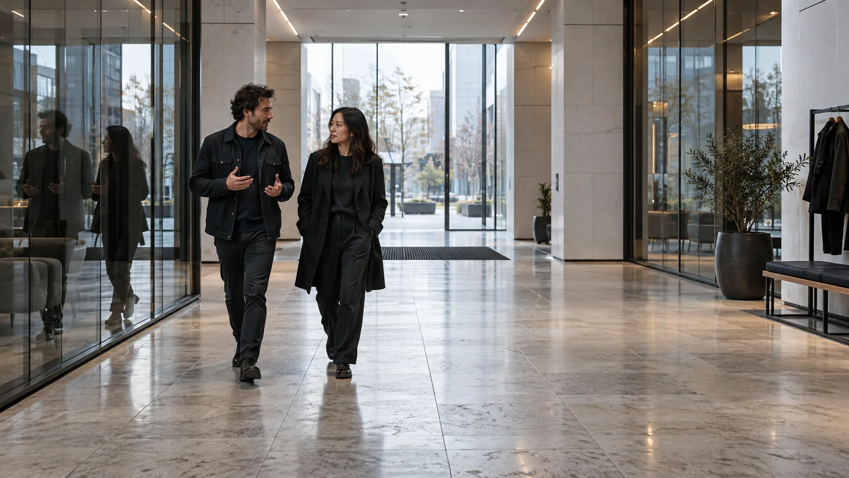 Two colleagues talking as they walk through the office lobby.