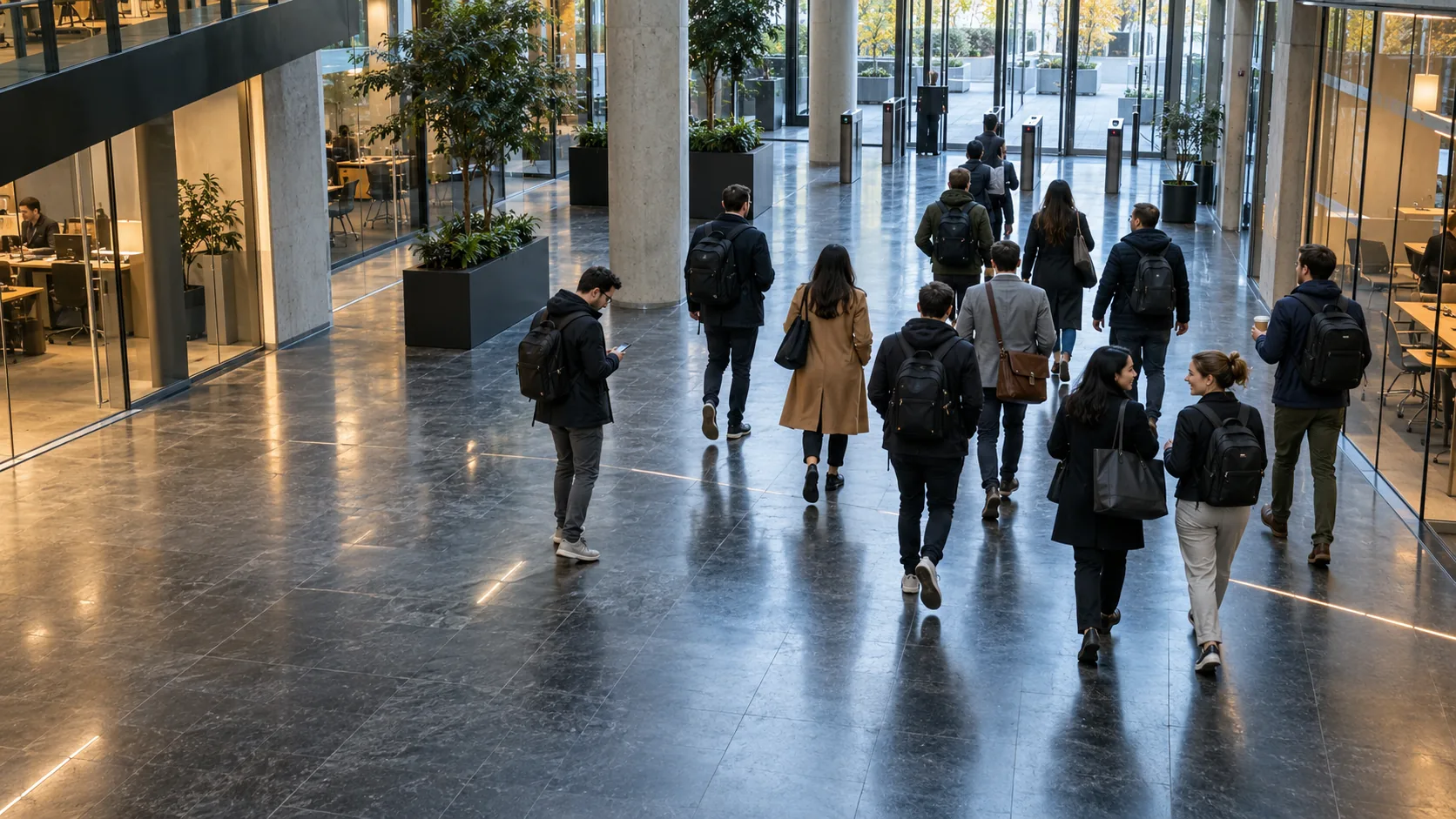 Team members arriving through a bright office atrium.